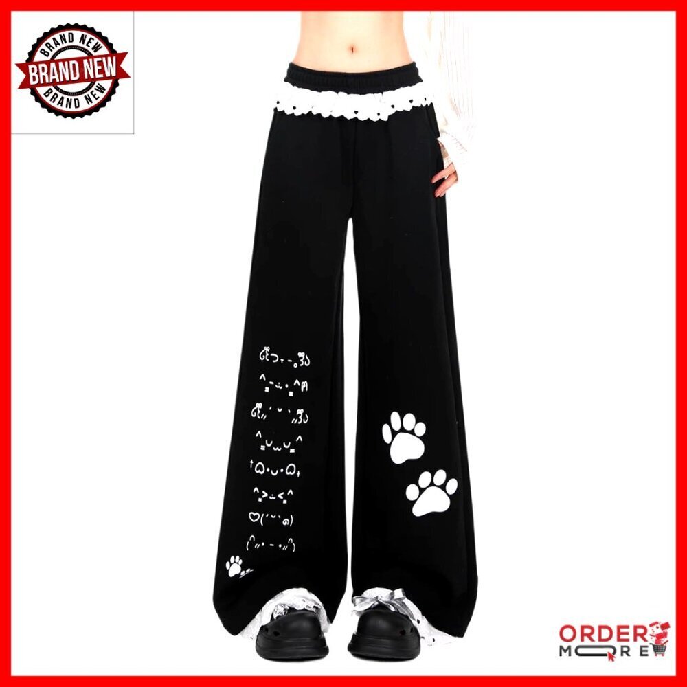 Y2K Kawaii Cat Print Wide Leg Sweatpants with Lace Trim, 100% Cotton